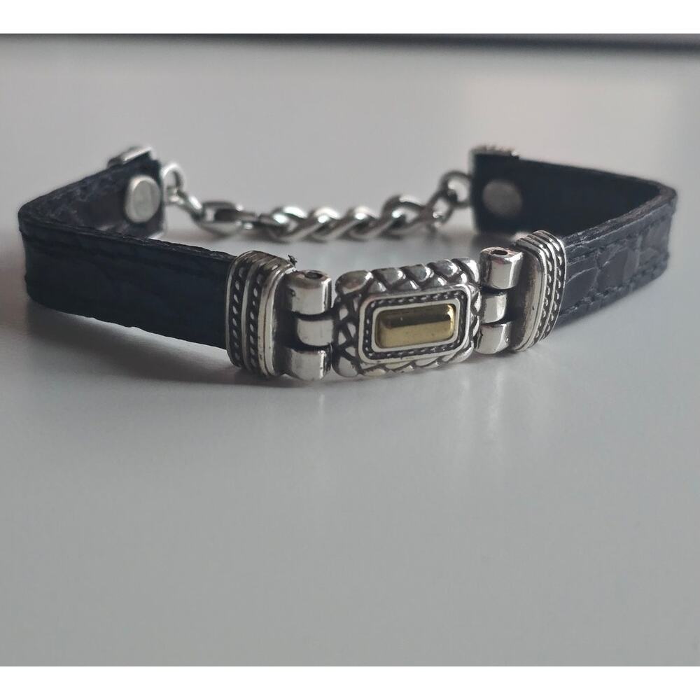 Brighton Two Toned Gold Sliver Black Leather Bracelet 7-7.5"